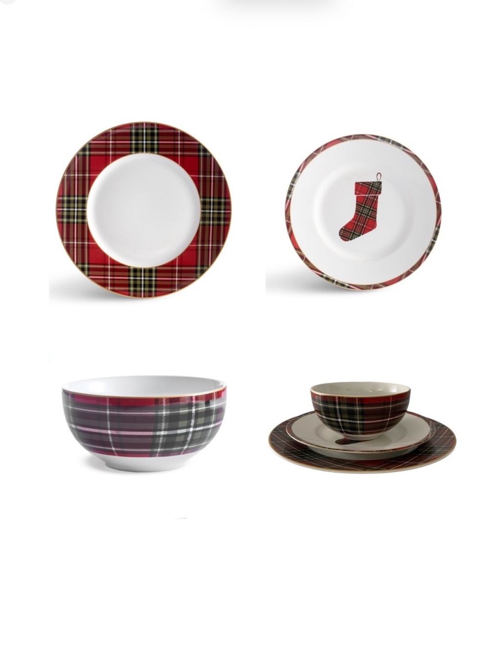 222 Fifth Wexford Red Tartan Plaid Christmas Stocking Dishware 3 Piece Set